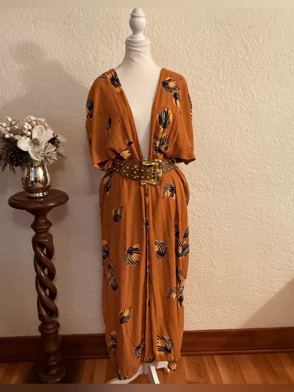 Bel Kazan Anthropologie Lois Print Rust Brown Long Duster Kimono One Size